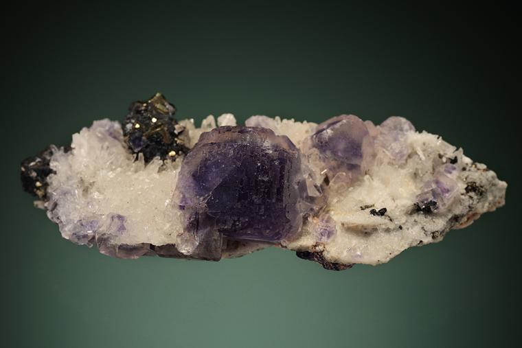 FLUORITE with PYRITE and TETRAHEDRITE on QUARTZ